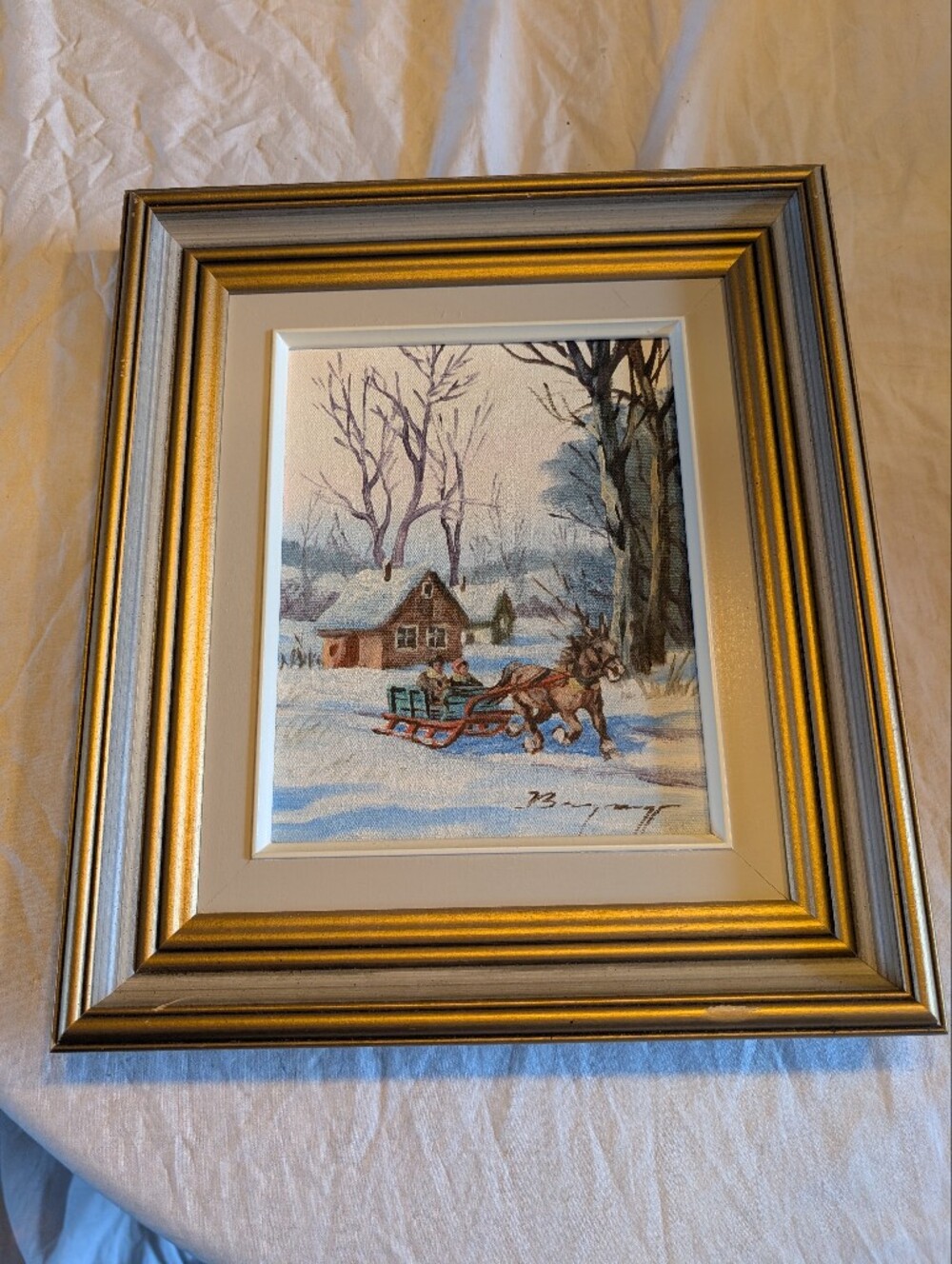 2/140$ Vintage Gold and Cream Framed Winter Sleigh Art
